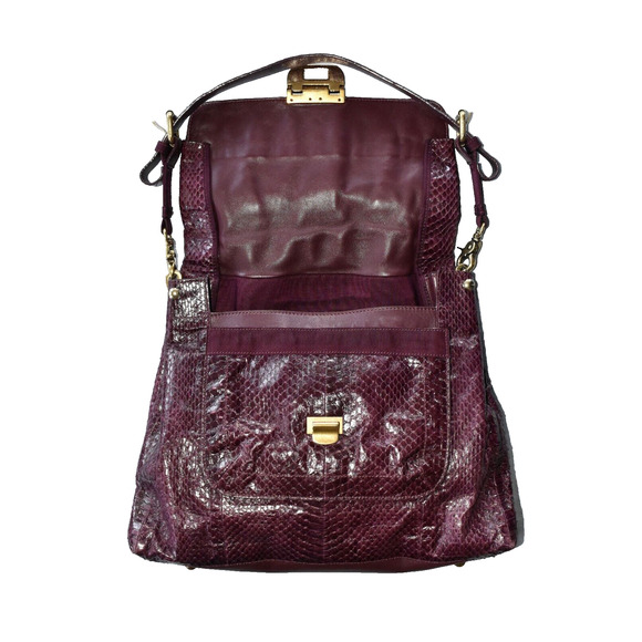 Auth NINA RICCI Drk Raspberry Python Texture Leather Fold Over Liane Satchel Bag - Picture 6 of 12